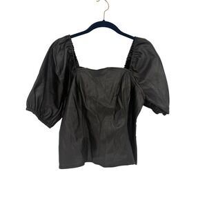Marc New York by Andrew Marc Black Faux Leather Puff Sleeve Zip Back Top Size M